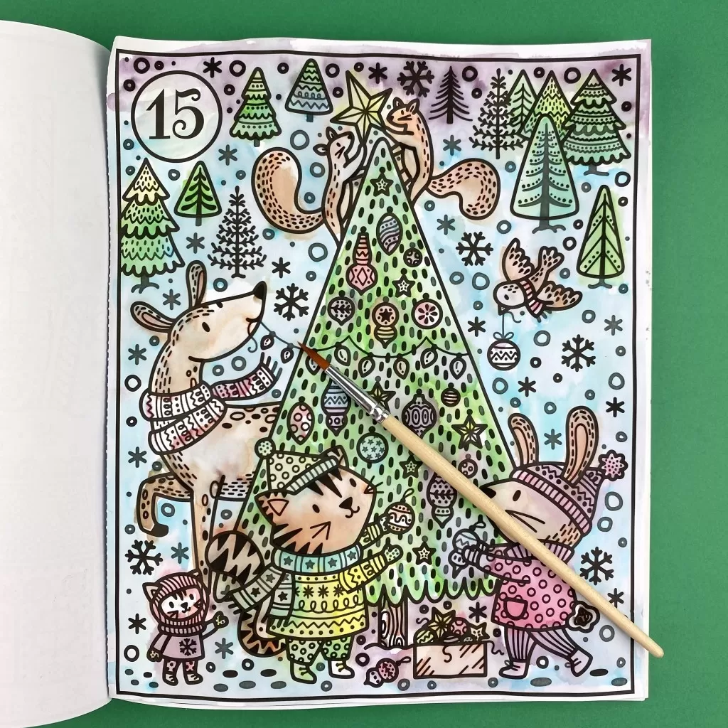 A picture of one of the pages in the book, once watercoloured.