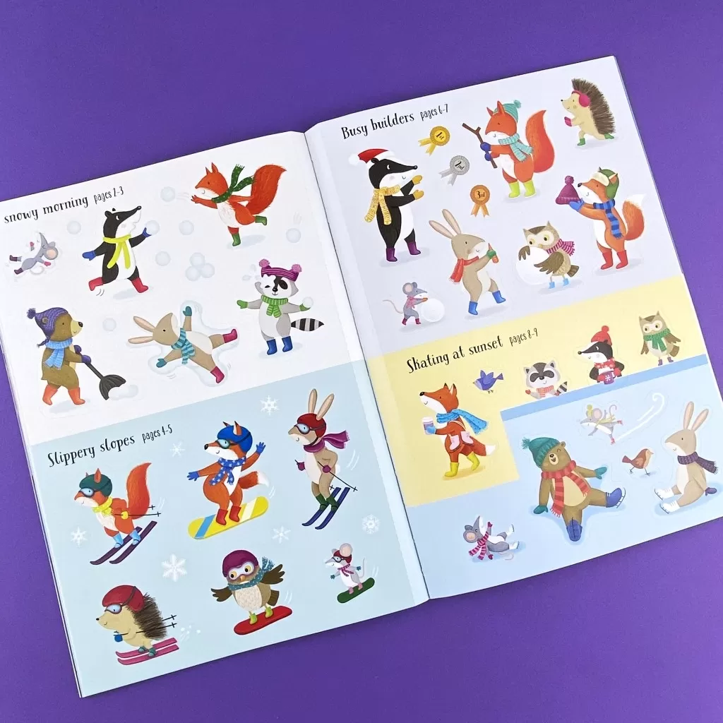 An interior spread of stickers -- all stickers are woodland animals dressed up and ready for the winter with scarves, hats, mittens and goggles.