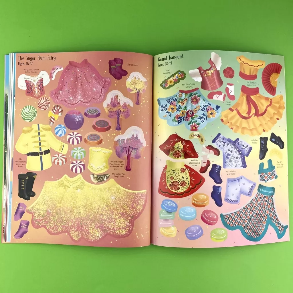 An interior spread of stickers from Sticker Dolly Dressing The Nutcracker, with sticker outfits for The Sugar Plum Fairy scene and the Grand Banquet scene. So many glittery, patterned and shiny outfits to marvel from.